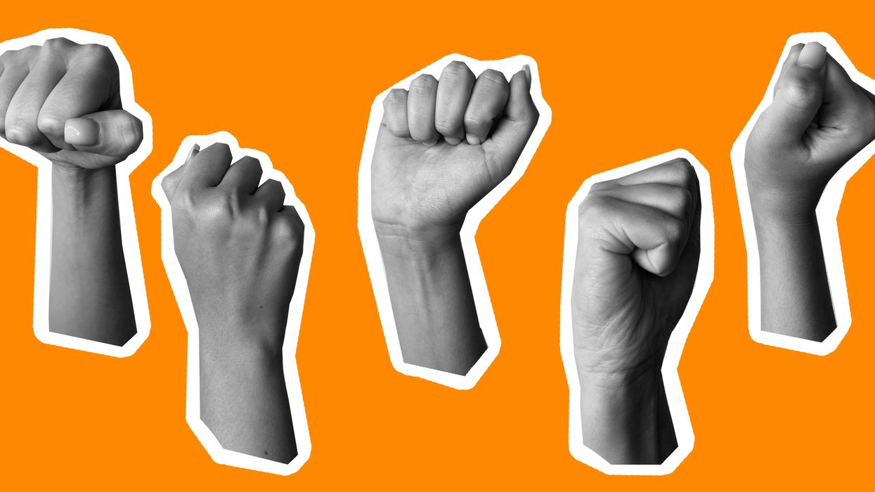 a collage of fists on an orange background