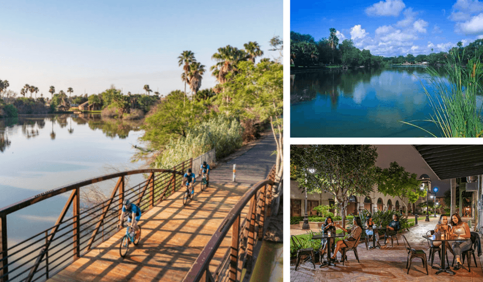 A collage of scenes from Brownsville, Texas, including cyclists crossing a bridge, a lakeside view, and people dining outdoors.