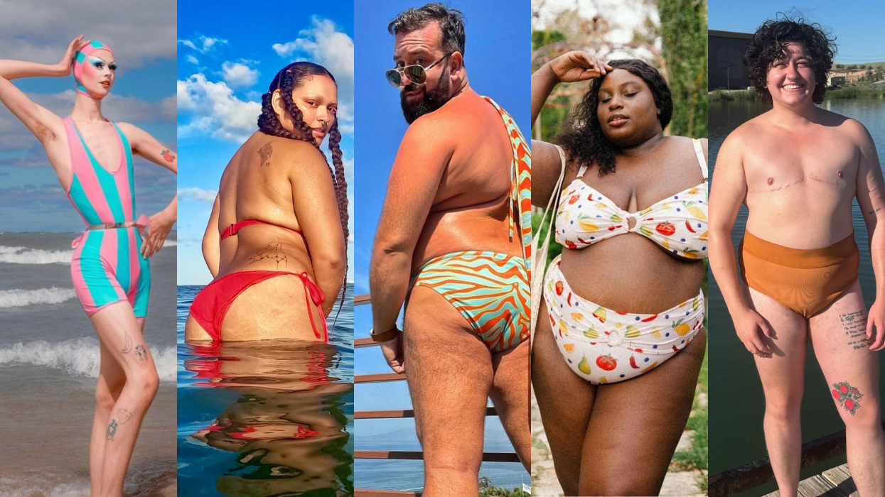 A compound image of five different people in swimsuits.