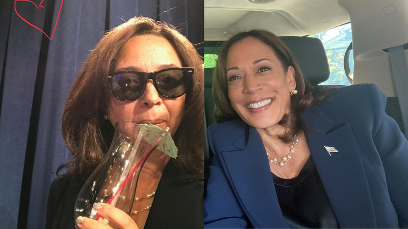 A diptych of acrtress Maya Rudolph next to Vice President Kamala Harris.