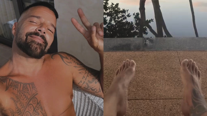 A diptych of singer Ricky Martin. On the left, Martin taking a selfie, shirtless, while throwing up a piece sign. On the right, Martin's feet as he sits on a patio overlooking trees and the beach.