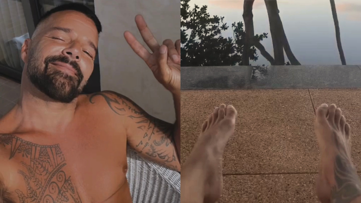A diptych of singer Ricky Martin. On the left, Martin taking a selfie, shirtless, while throwing up a piece sign. On the right, Martin's feet as he sits on a patio overlooking trees and the beach.