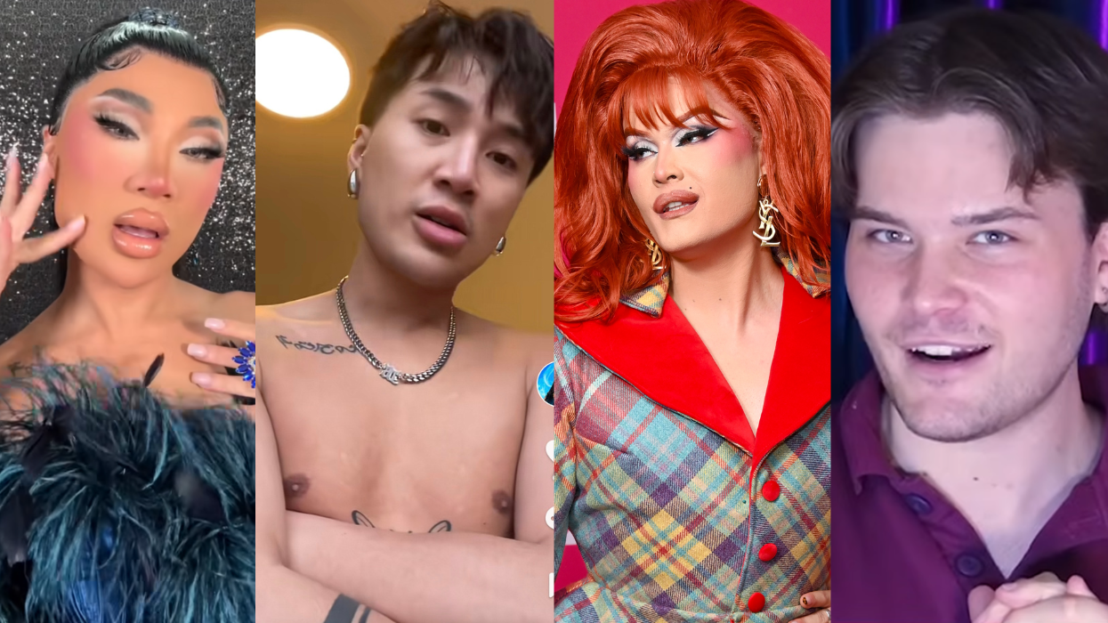 A four part image of two drag queens, Zahirah Zapanta and Chanel O'Conor, in and out of drag.