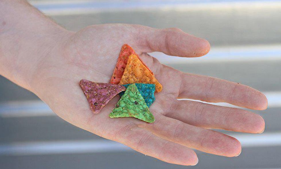 A photo of rainbow Doritos.