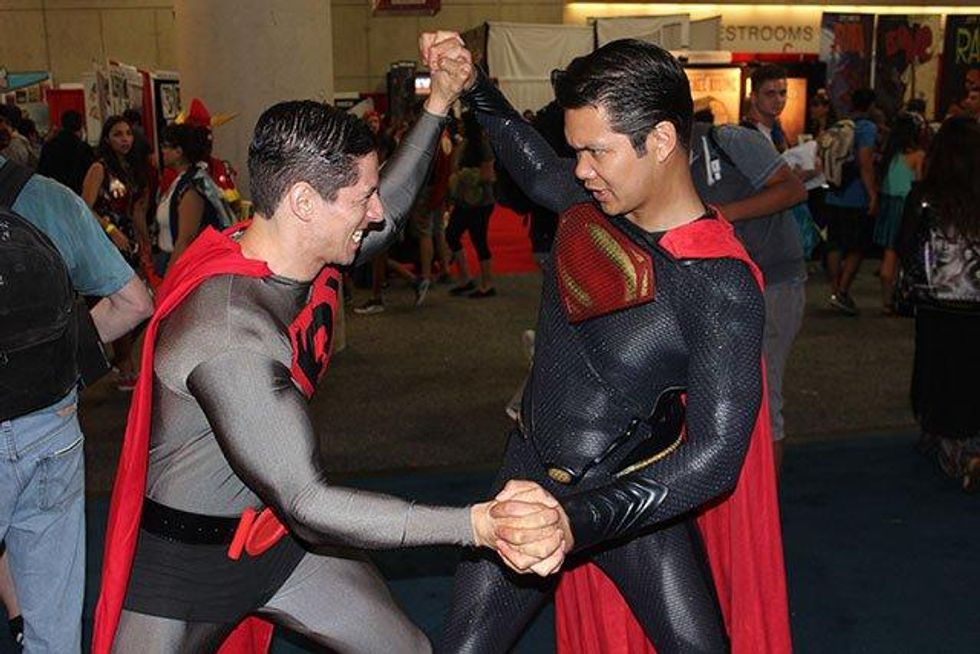 A photo of Russian Superman and Man of Steel at Comic-Con.