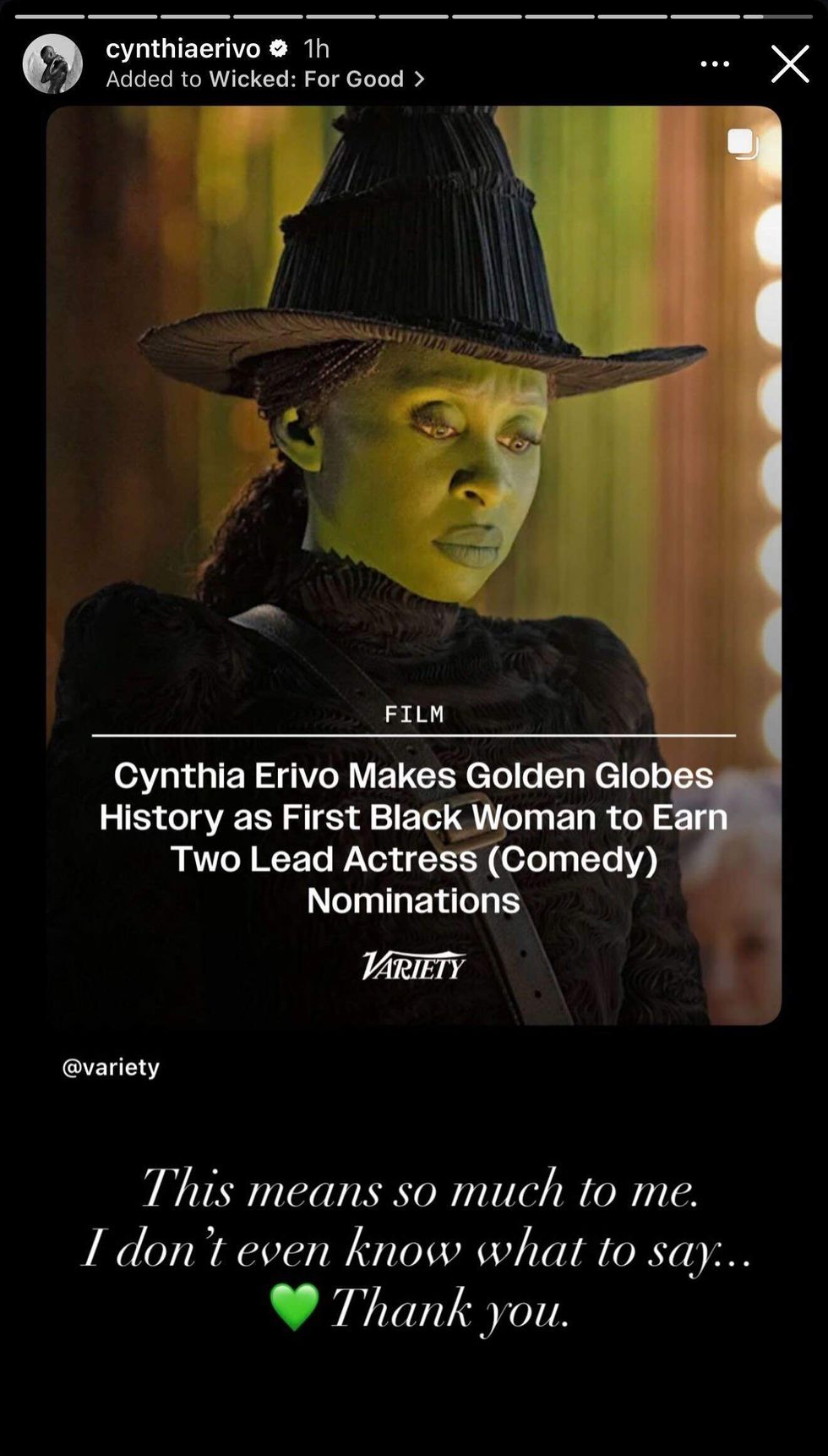 A screenshot of Cynthia Erivo's Instagram Story