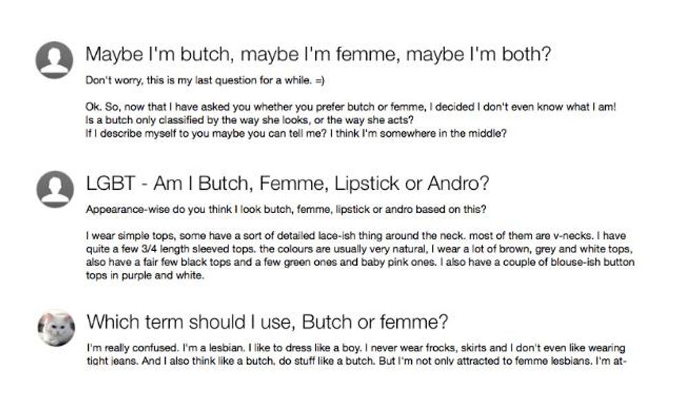 A screenshot of people posting on Yahoo! Answers and asking if they're femme or butch.