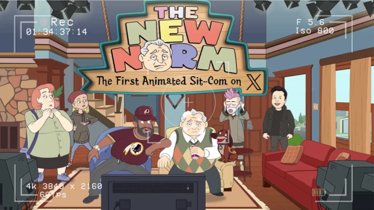 A still from the animated series The New Norm, featuring Janice, Norm's daughter, Charlie, Norm, Chaz, and Elon Musk.