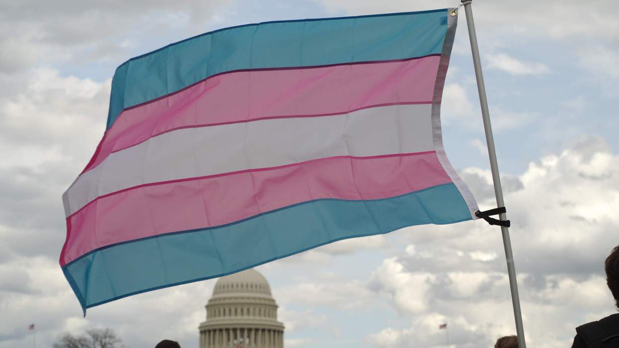 A transgender pride flag at a Trans Day of Visibility rally on the National Mall.