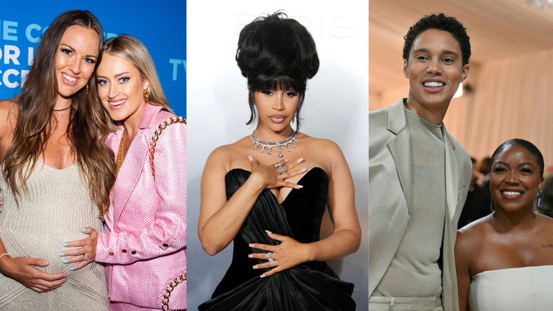 A triptych of Brooke Eden and her wife Hilary Eden Hoover, Cardi B, and Brittney Griner and her wife Charelle Griner.