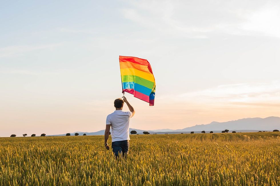 a young caucasian man seen from behind holding a lgbt rainbow flag over his head against blue sky.
