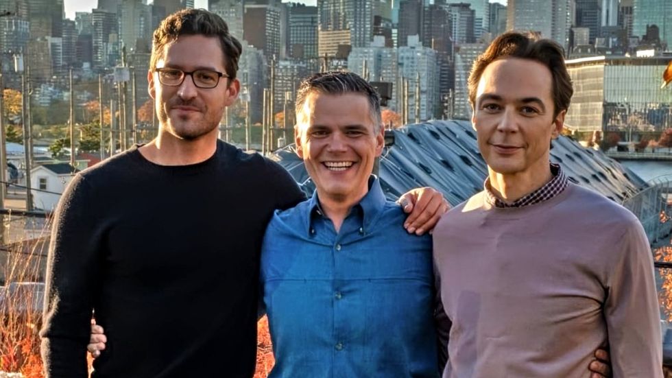 Actor Ben Aldridge, Spoiler Alert memoir author Michael Ausiello, and actor Jim Parsons pose together in a promotional image for Spoiler Alert film