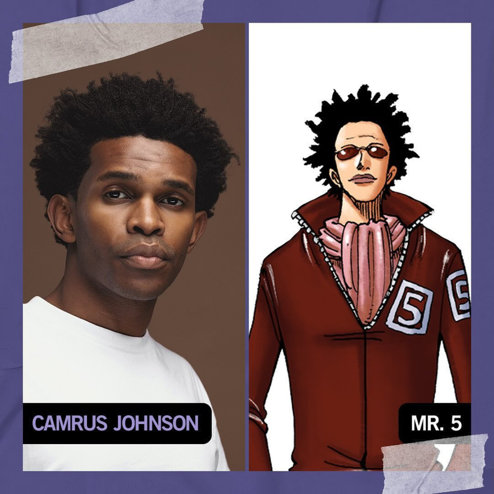 Actor Camrus Johnson next to an illustration of the One Piece character Mr. 5