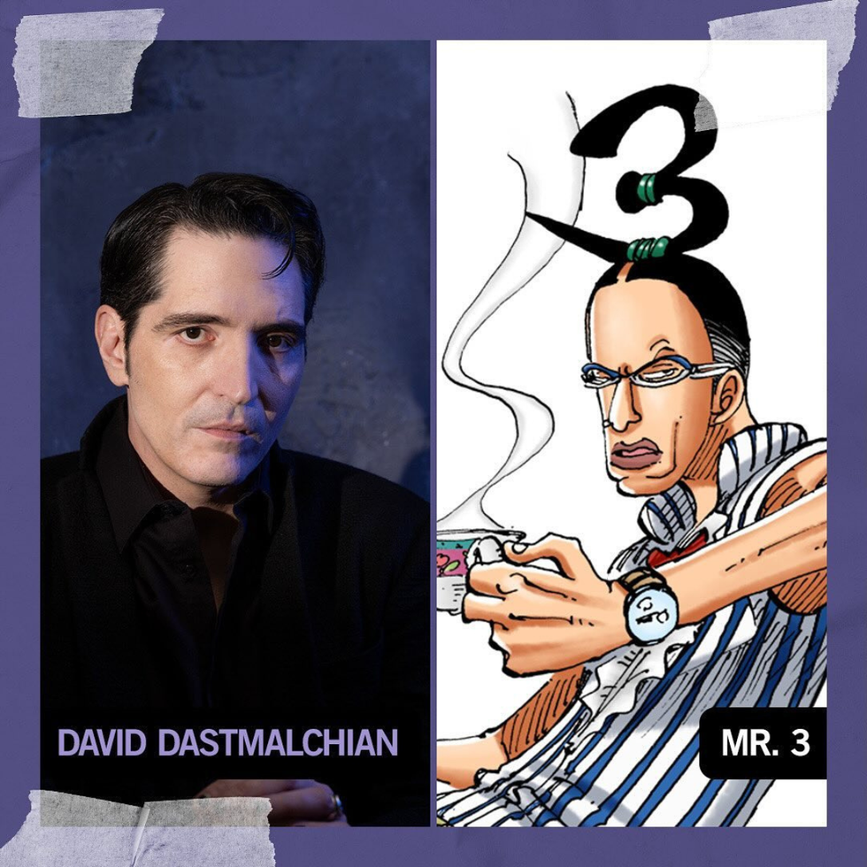 Actor David Dastmalchian next to a drawing of the One Piece character Mr. 3.