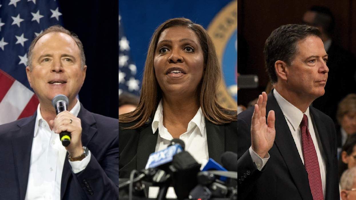 Adam Schiff (L); Letitia James (C); James Comey (R)