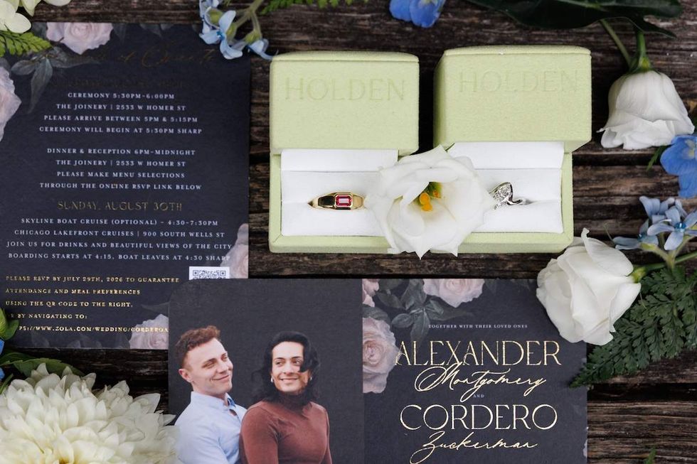 Alexander Montgomery and Cordero Zuckerman's wedding invitations and wedding rings.
