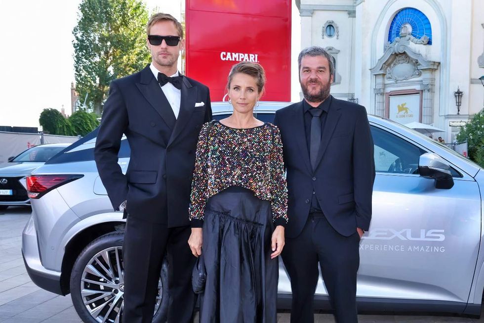 Alexander Skarsg\u00e5rd and Tuva Novotny \u2014 alongside Christos Nikou \u2014 at the 2024 Venice International Film Festival at Palazzo del Cinema in Venice, Italy