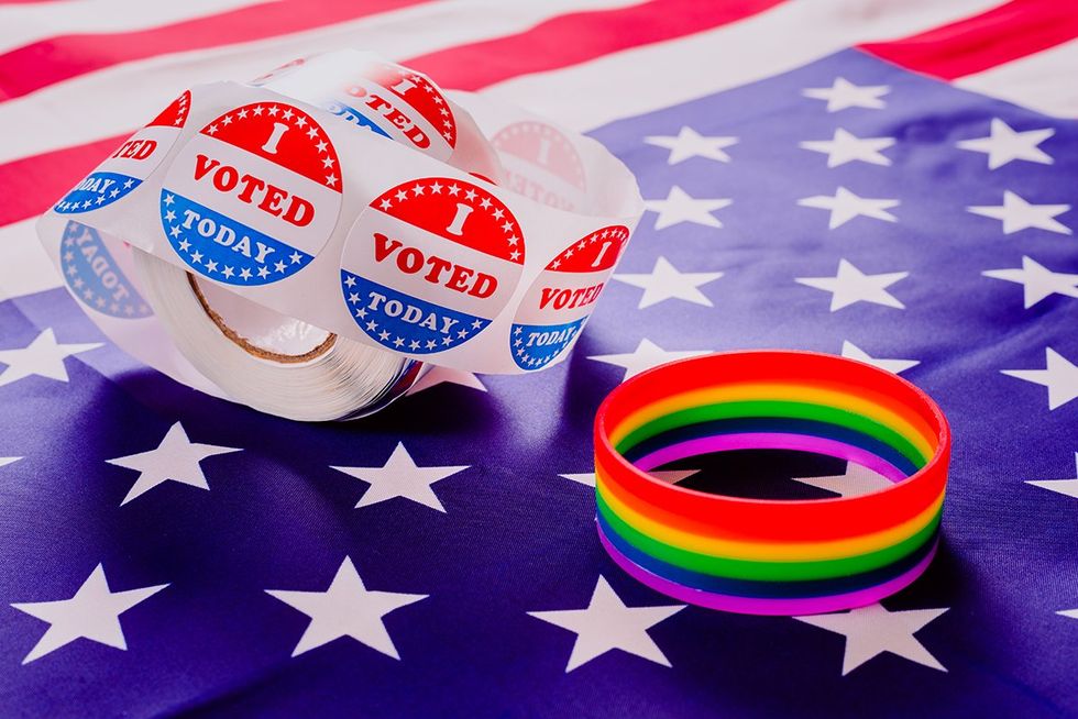 American flag and gay pride rainbow bracelet as a message in the US political elections.