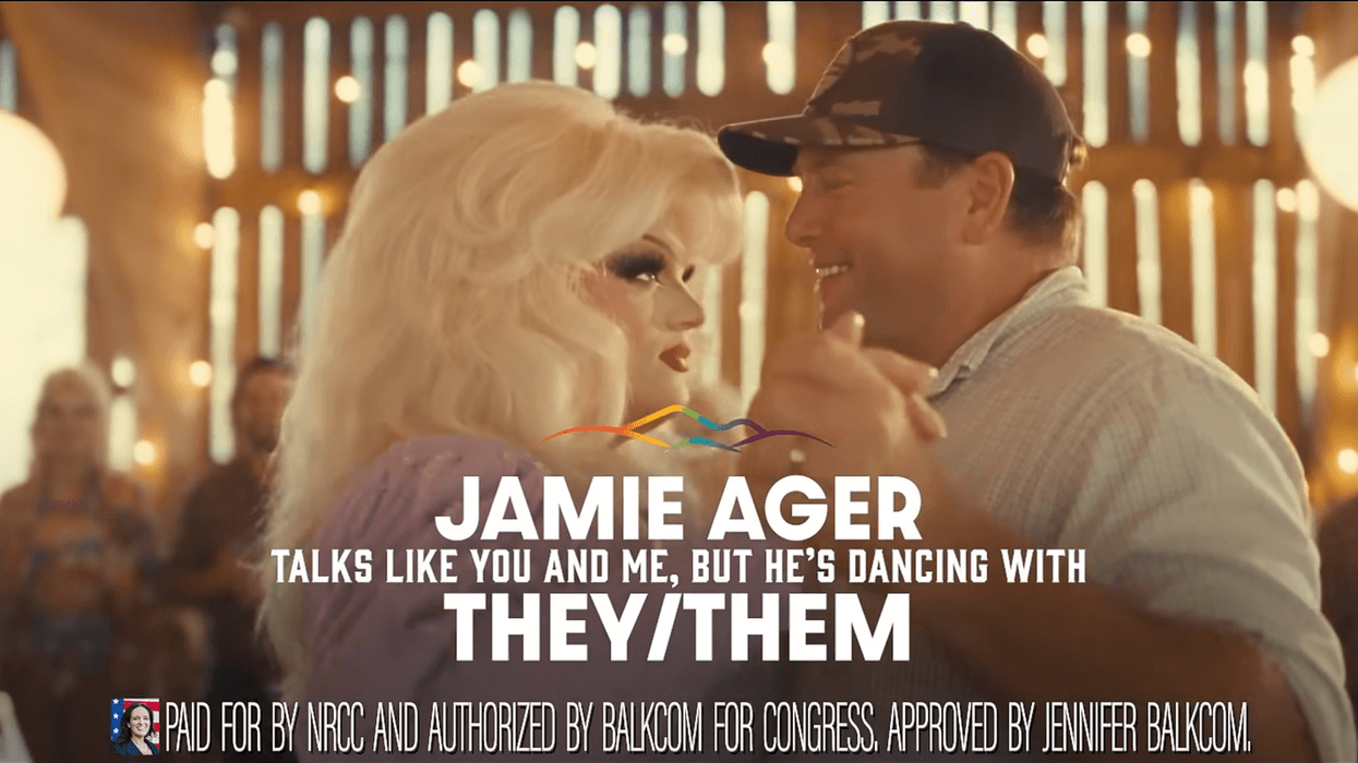 An AI-generated attack ad on Jamie Ager showing the Democratic candidate dancing with a drag queen.