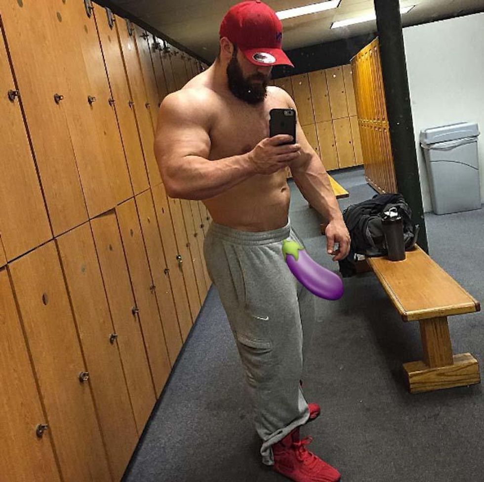 An eggplant always looks its best in a nice pair of gray sweatpants.