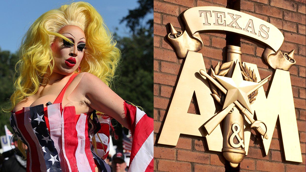 Austin drag queen protesting at No Kings rally with american flag dress and Texas AM University golden seal on brick wall