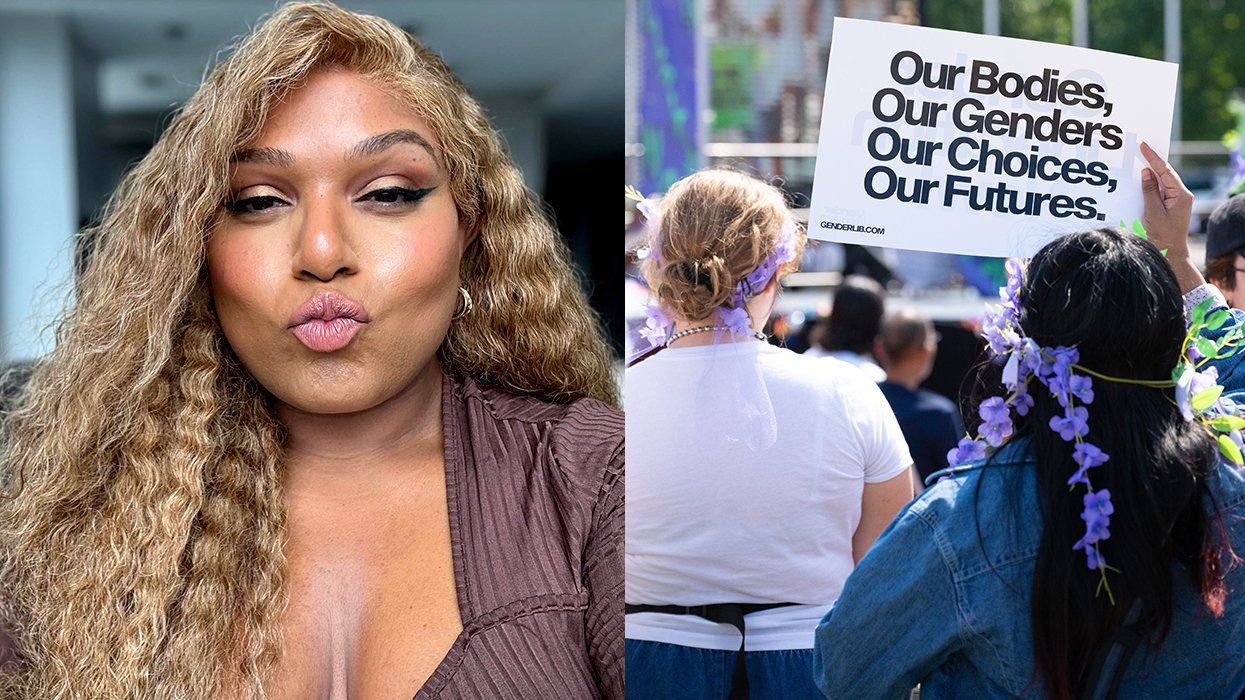 author Marie Adelina de la Ferriere alongside transgender rights march sign Washington DC September 2024