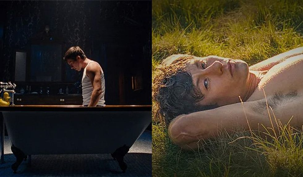 Barry Keoghan in a bathtub and laying in the grass in 'Saltburn'