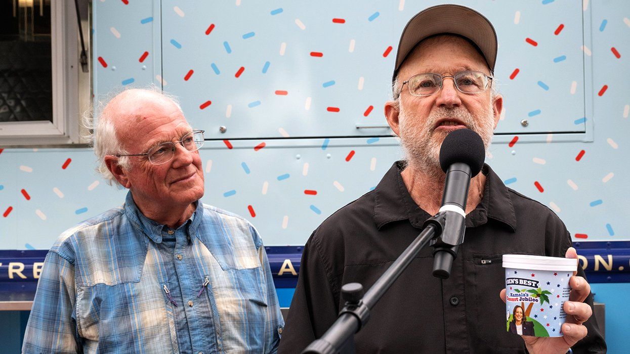 Ben Cohen and Jerry Greenfield cofounders of Ben and Jerrys ice cream during get out the vote tour