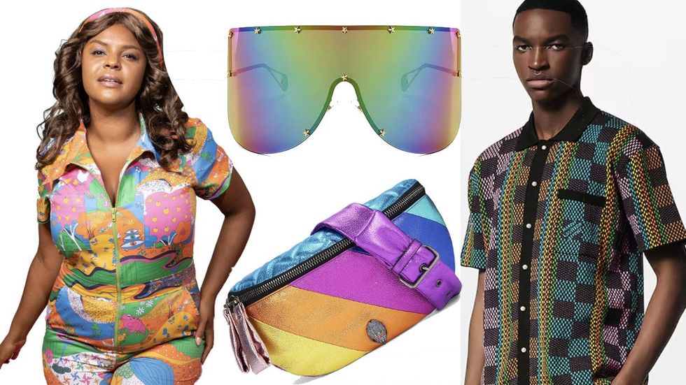 Blue Platypus jumpsuit, Louis Vutton knit shirt, Elaiza Oversized Sunglasses Kurt Geiger Kensington Belt Bag