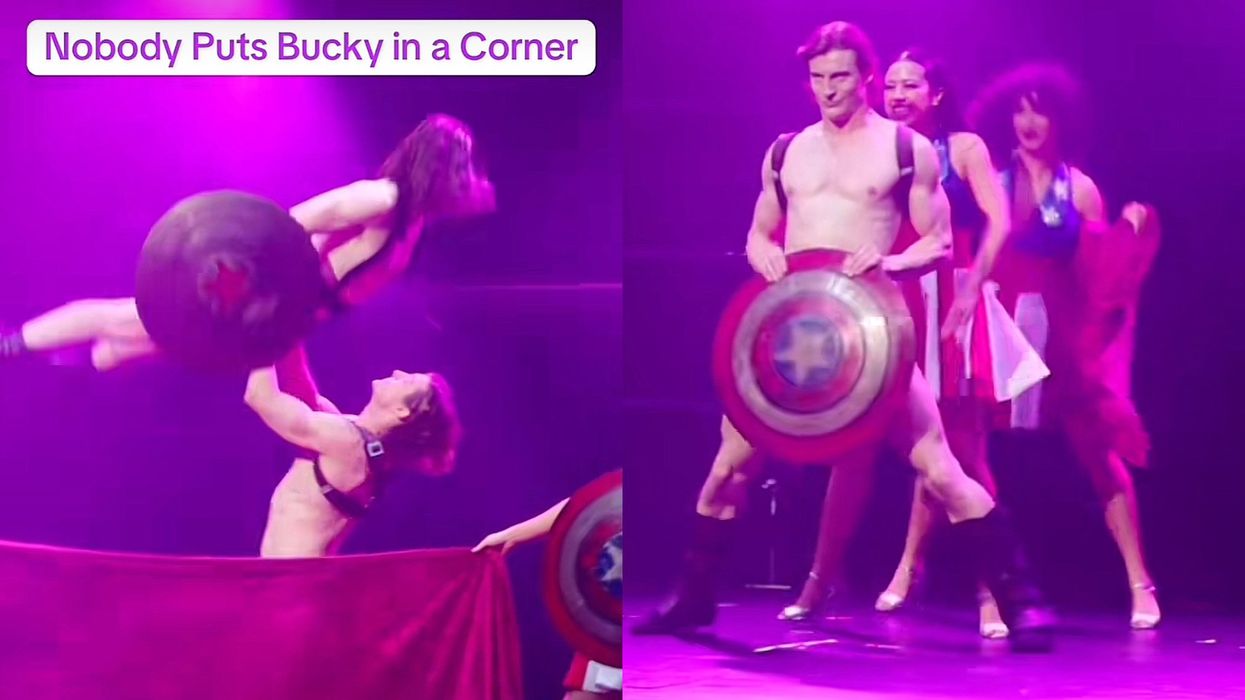 Captain America and Bucky Barnes dancing in MARVELous The Show