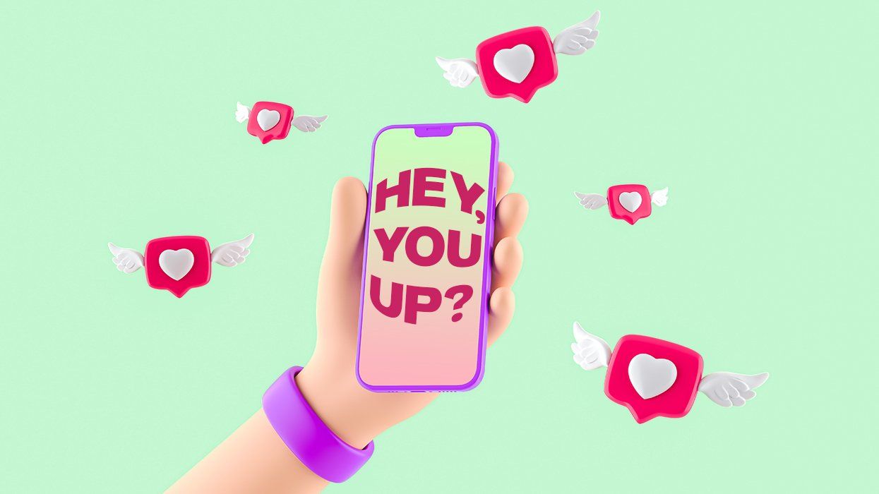 cartoon hand holding cell phone says hey you up with flying love heart icons surrounding it against a mint green background