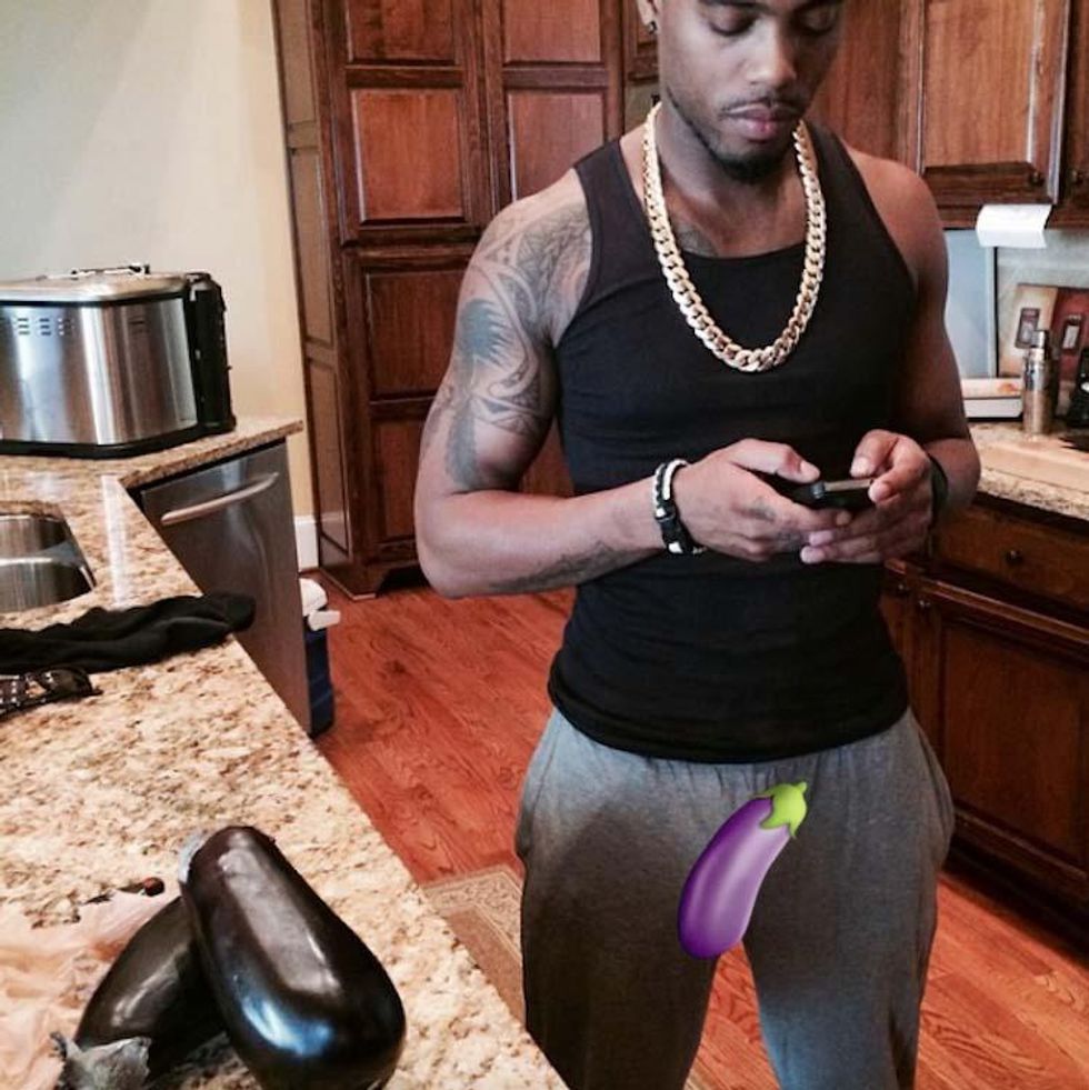 Casually eggplanting in the kitchen.