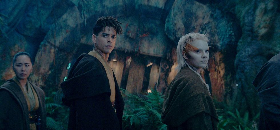 (Center, L-R): Yord Fandar\u00a0(Charlie Barnett) and Jedi Padawan Jecki Lon\u00a0(Dafne Keen) in Lucasfilm's THE ACOLYTE, exclusively on Disney+. \u00a92024 Lucasfilm Ltd. & TM. All Rights Reserved.