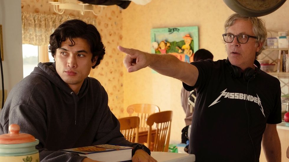 Charles Melton and Todd Haynes on set while filming May December