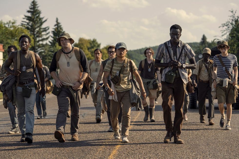 Charlie Plummer as Barkovitch, Garrett Wareing as Stebbins, Cooper Hoffman as Carraty, David Jonsson as McVries, Ben Wang as Olson, Tut Nyuot as Baker, and Joshua Odjick as Parker in he Long Walk.