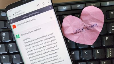 ChatGPT dating profile on a cell phone next to a heart that says love scam