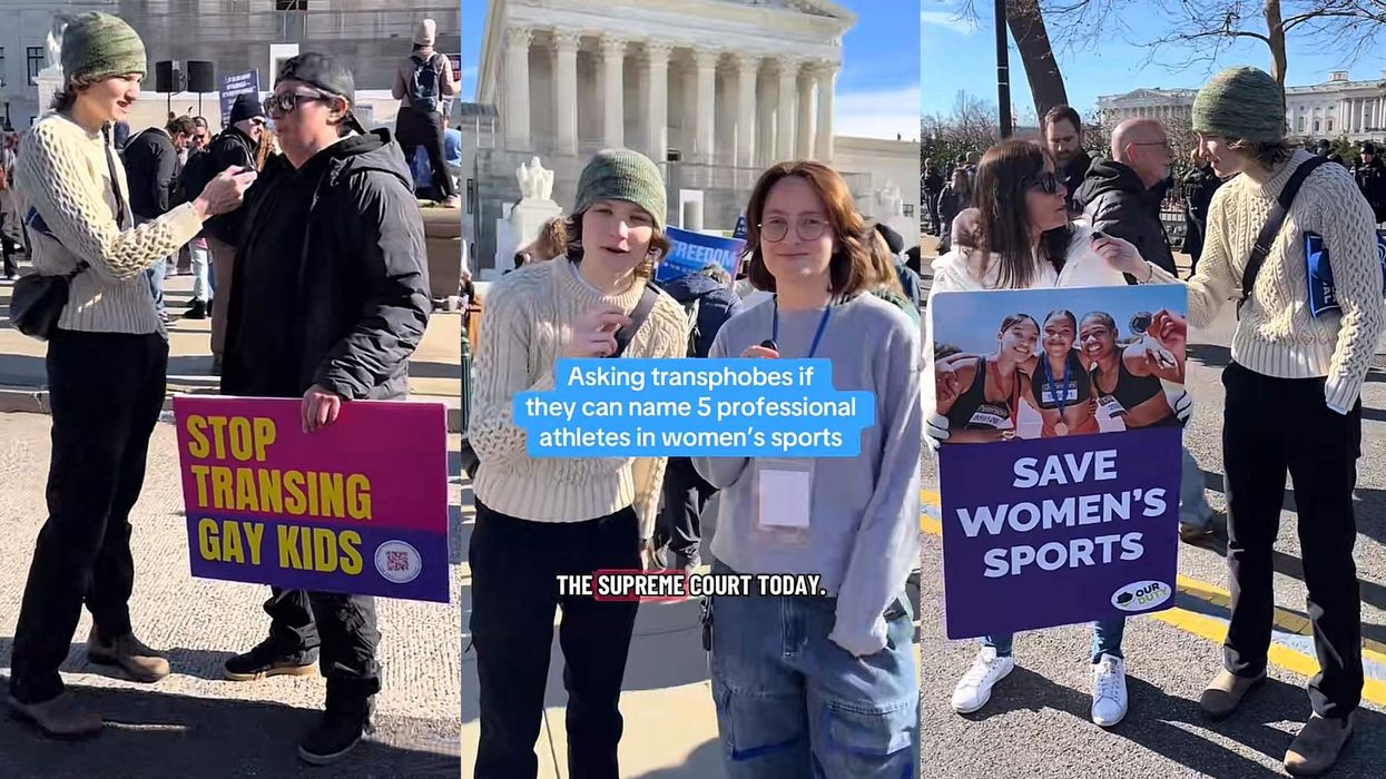 Coach Jackie with anti-trans protestors outside of the Supreme Court