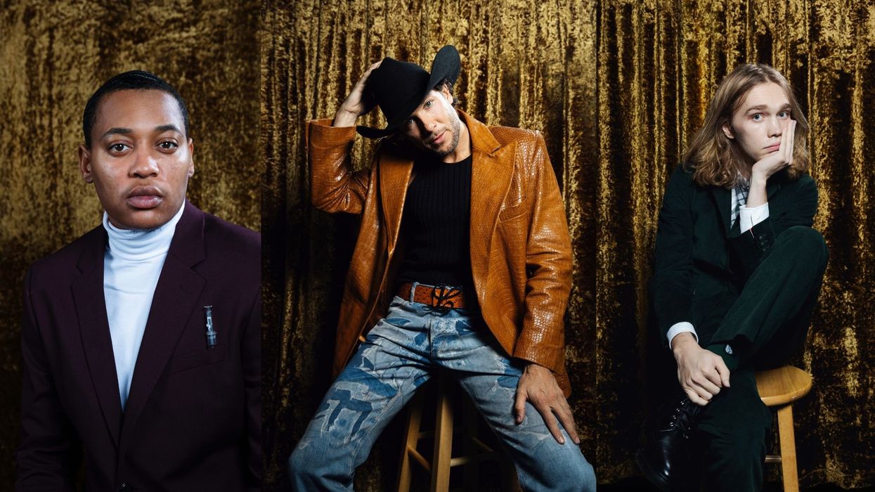 Collage of 3 photos all with a woodsy background and subjects are sitting on stools.