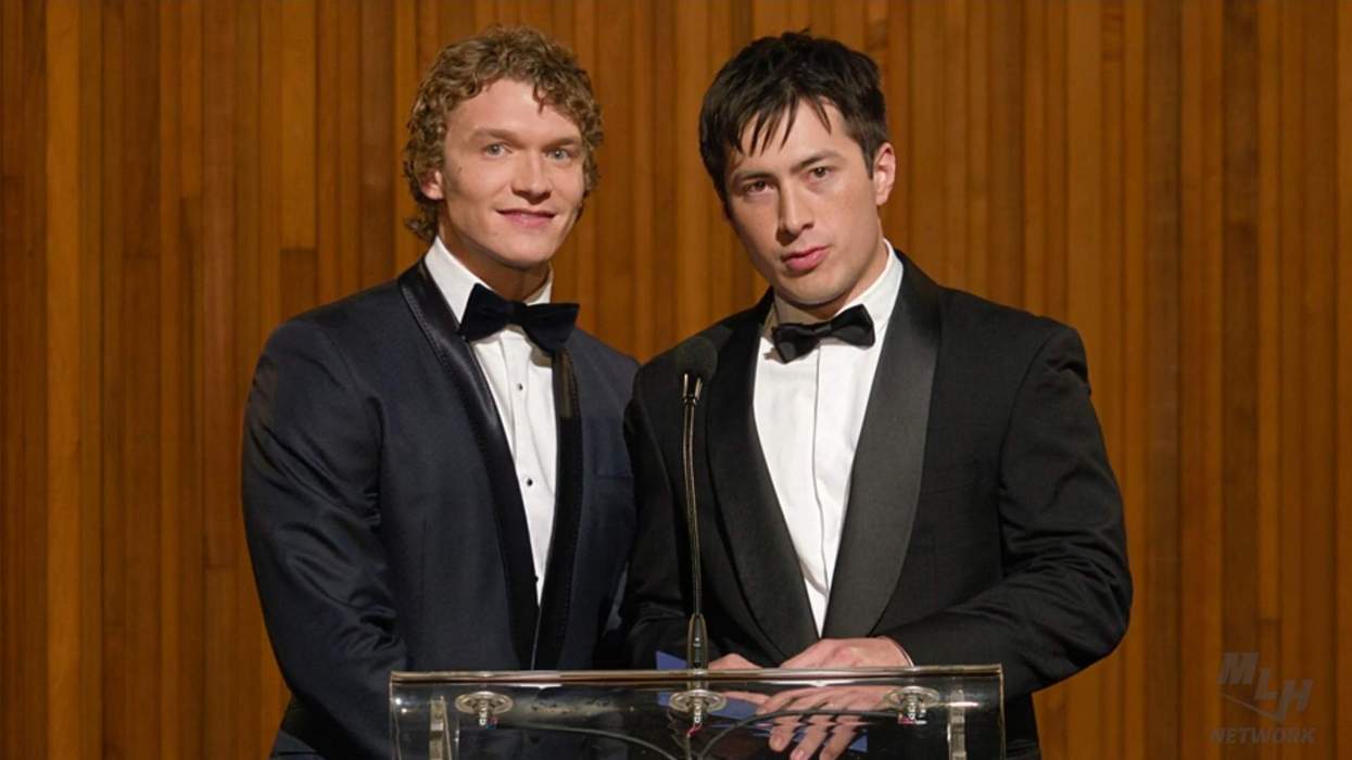 Connor Storrie and Hudson Williams as Ilya Rozanov and Shane Hollander in 'Heated Rivalry.'