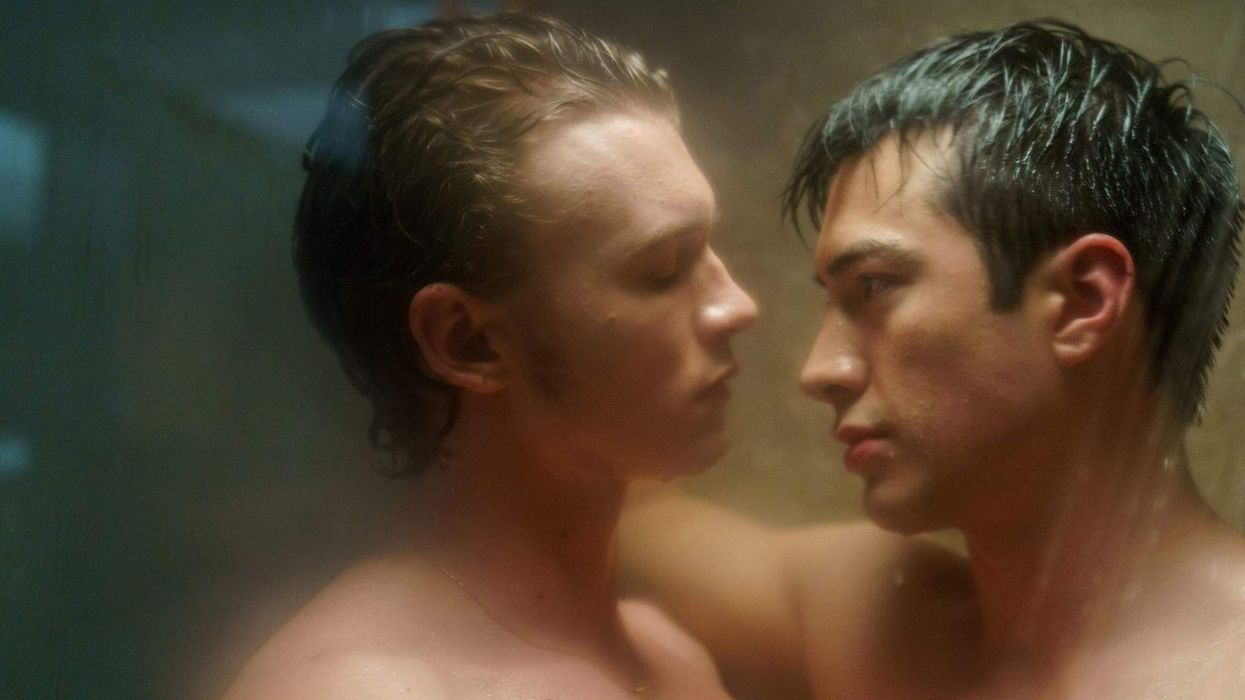 Connor Storrie and Hudson Williams in the shower in 'Heated Rivalry.'