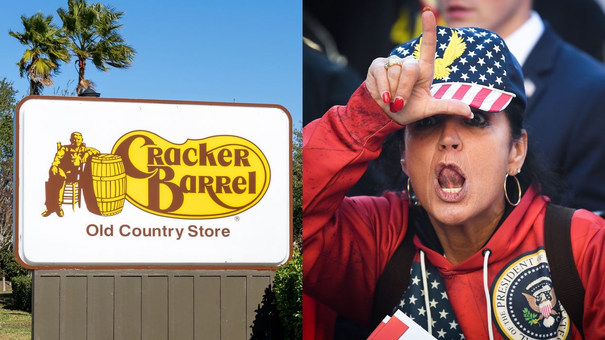 Cracker Barrel sign and MAGA woman