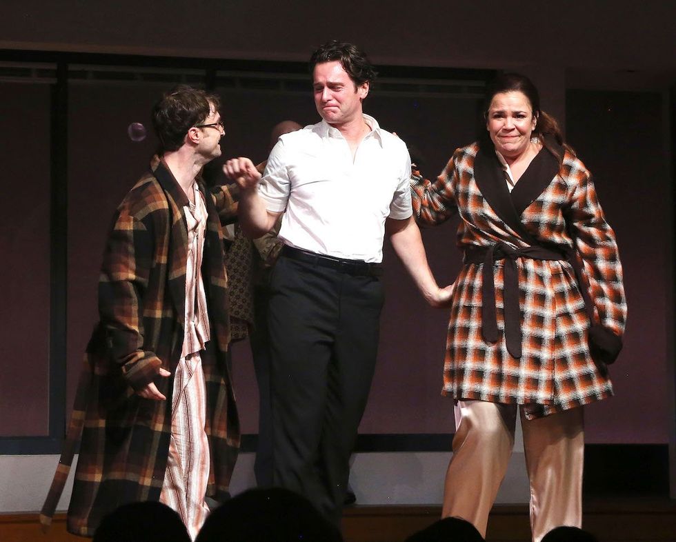 Daniel Radcliffe, Jonathan Groff and Lindsay Mendez during the opening night curtain call for "Stephen Sondheim's Merrily We Roll Along" on Broadway at The Hudson Theater on October 8, 2023 in New York City