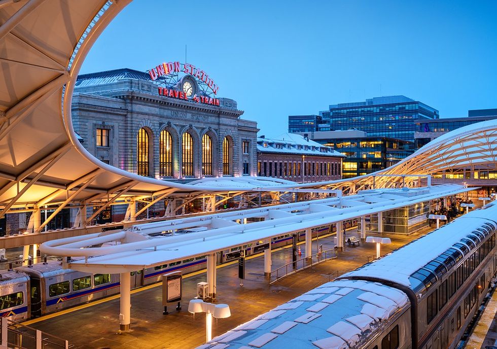 DENVER COLORADO Trains at Union Station in winter weather mixed light evening magic hour