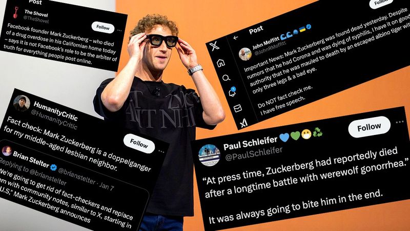 digital collage Mark Zuckerberg wearing prototype of computer glasses covered in fake news tweets