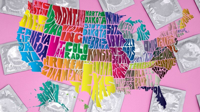 digital illustration graphic map of USA over pink background and condoms in wrappers