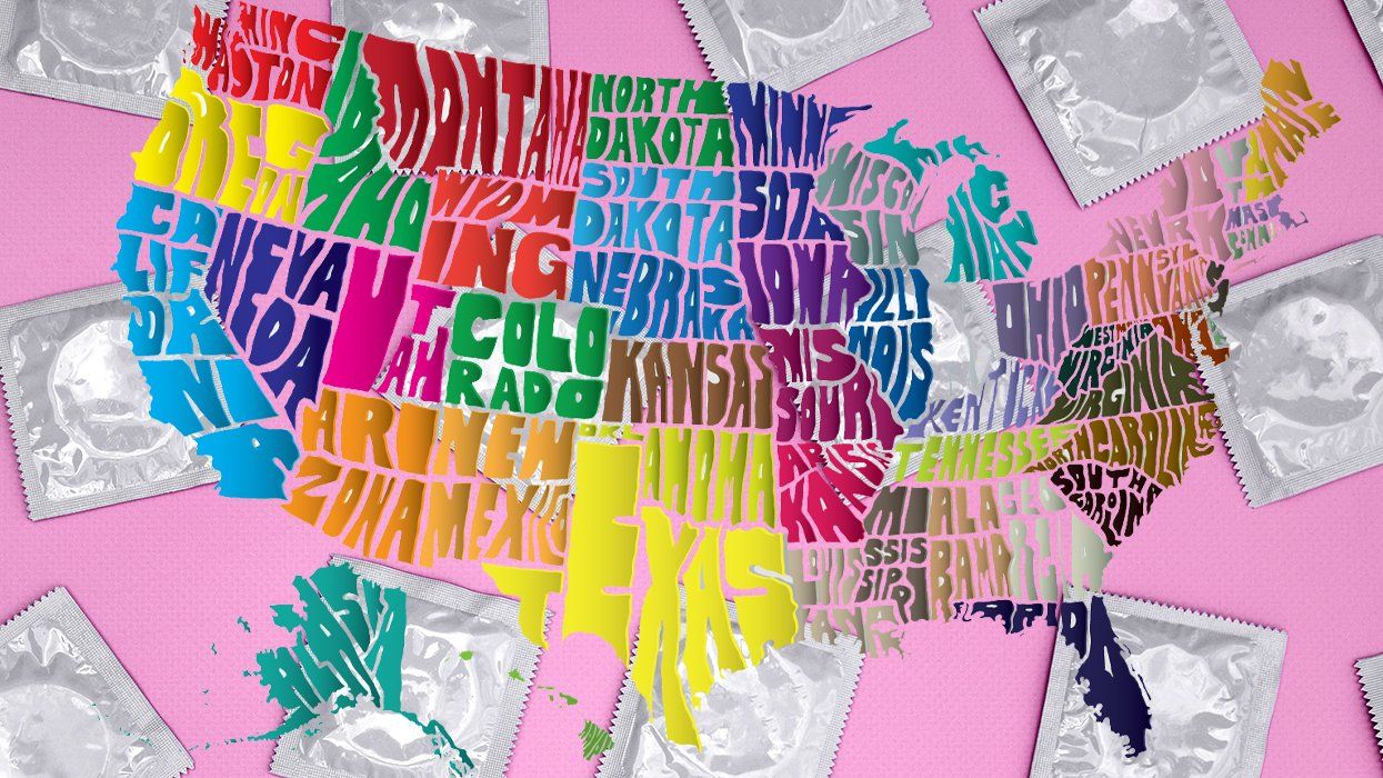 digital illustration graphic map of USA over pink background and condoms in wrappers