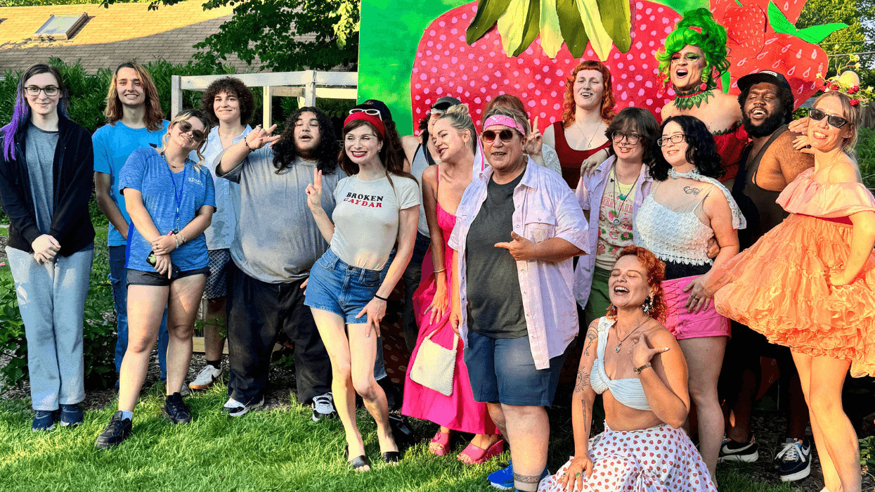 Dylan Mulvaney poses with Summer of Sass participants and community members at the Strawberry Social in Provincetown.
