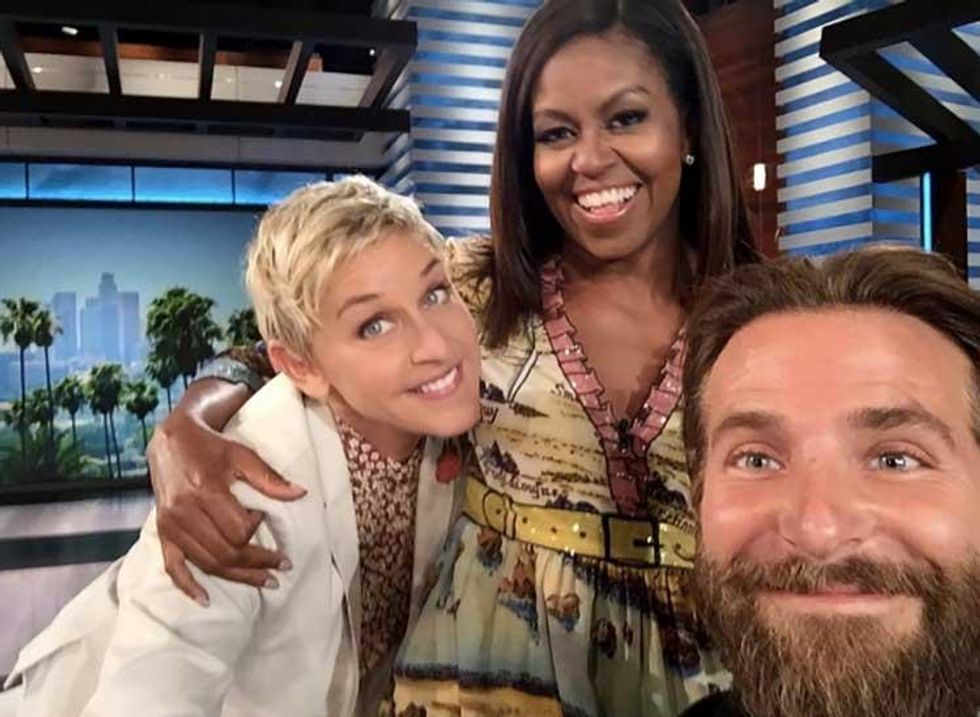 Ellen DeGeneres with Michelle Obama and Bradley Cooper