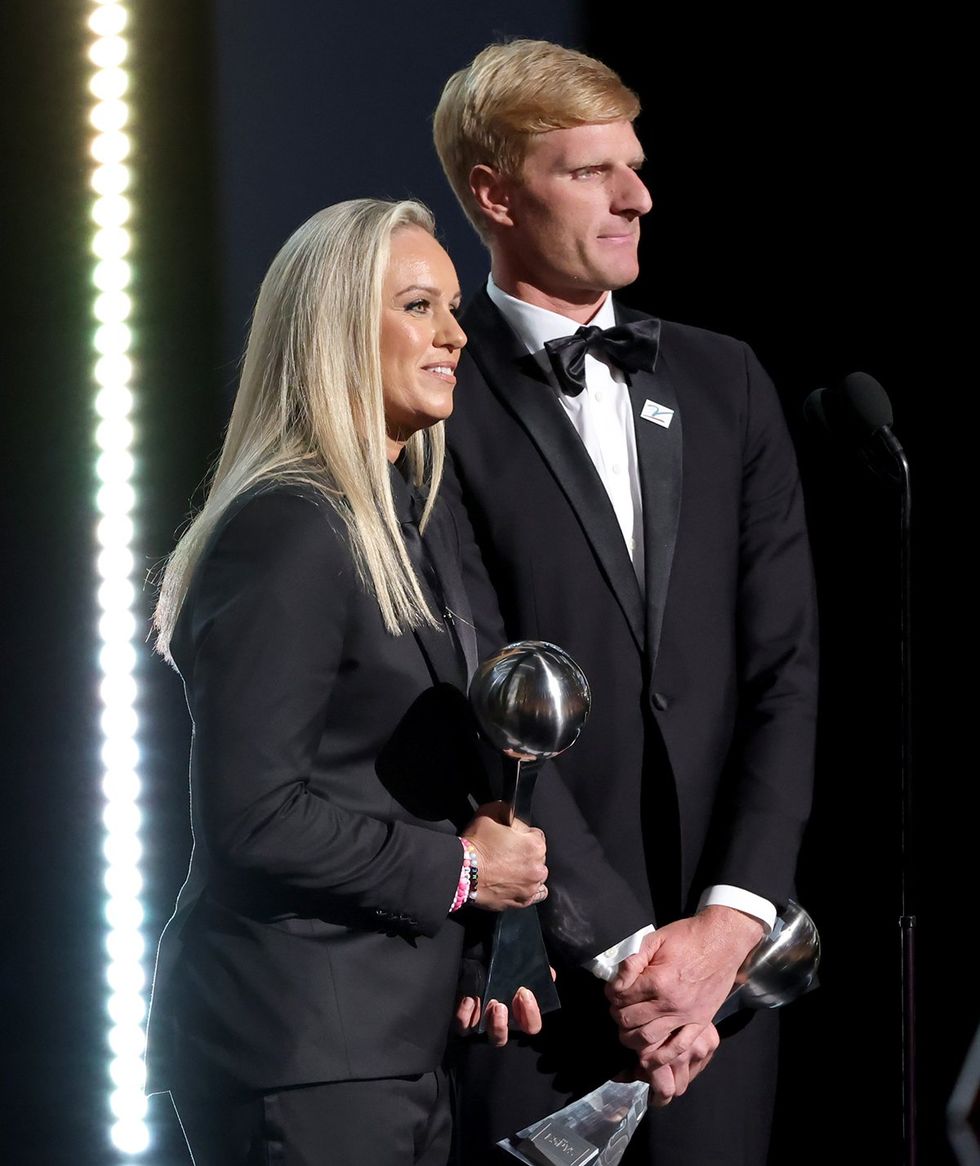 Erin Regan and David Walters accept the Pat Tillman Award for Service during the 2025 ESPY Awards