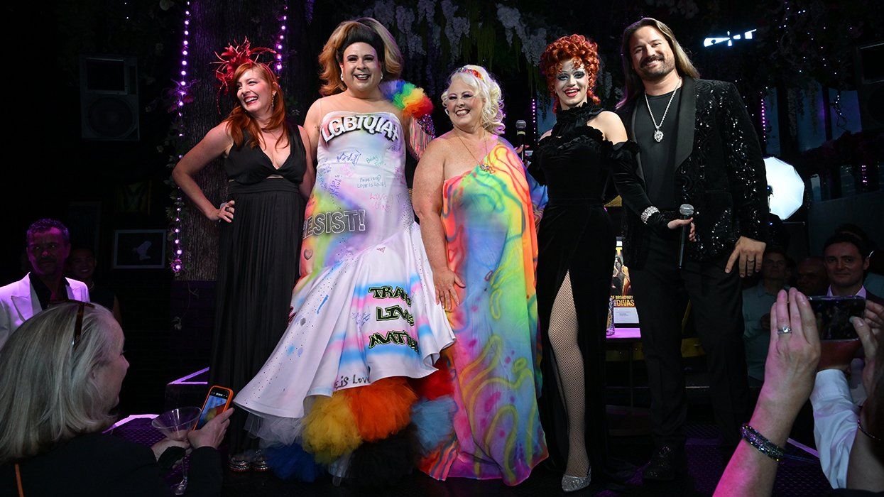 Erynn Dana Dalton Miss Bouvee Jennifer McClain Suzie Toots and Matthew Darren on stage at Advocate Out magazine pride of broadway cover release party